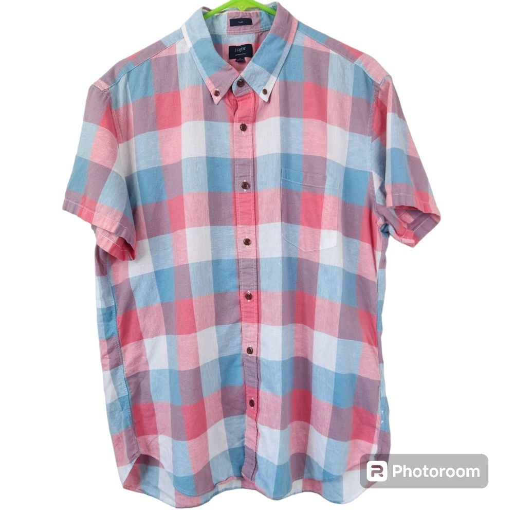 J. Crew Mens Cotton Linen Blend Slim Fit Checkered Short Sleeve Button Down XL